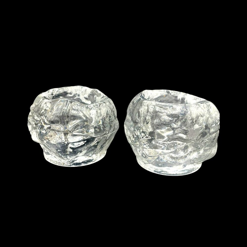 Pair Of Kosta Boda Crystal Snowball Votive Candleholders 3-Inch 3 Lbs Sweden Han